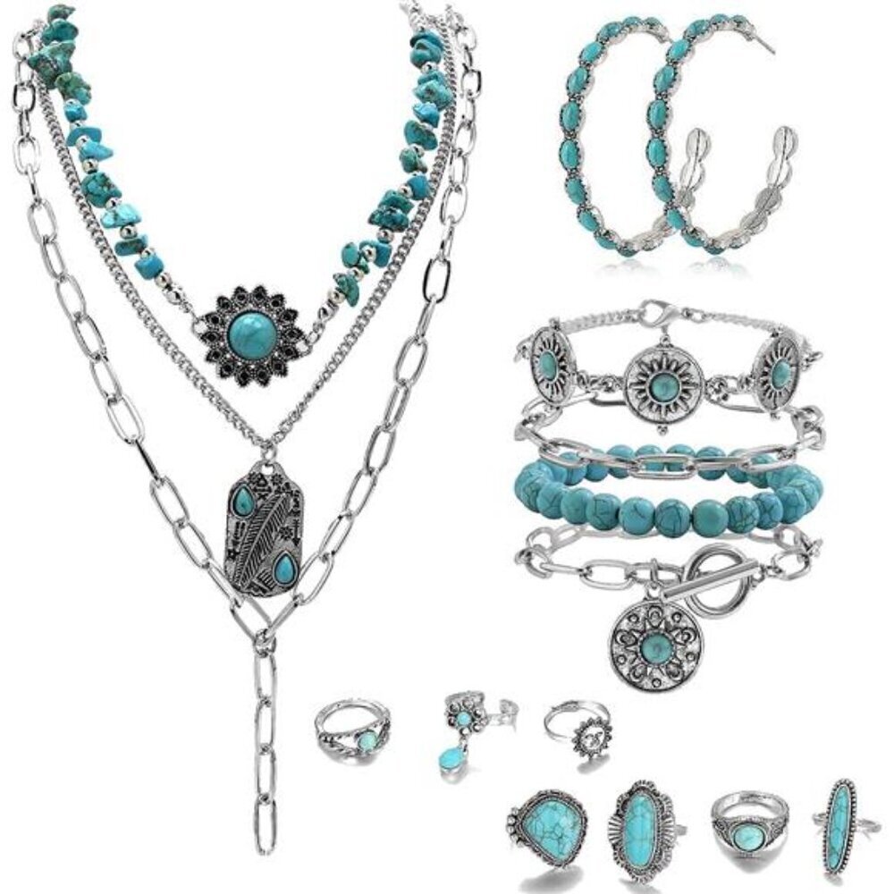 16 Pcs Western Jewelry for Women Bohemian Set, Boho Pendant Long Choker, Faux
